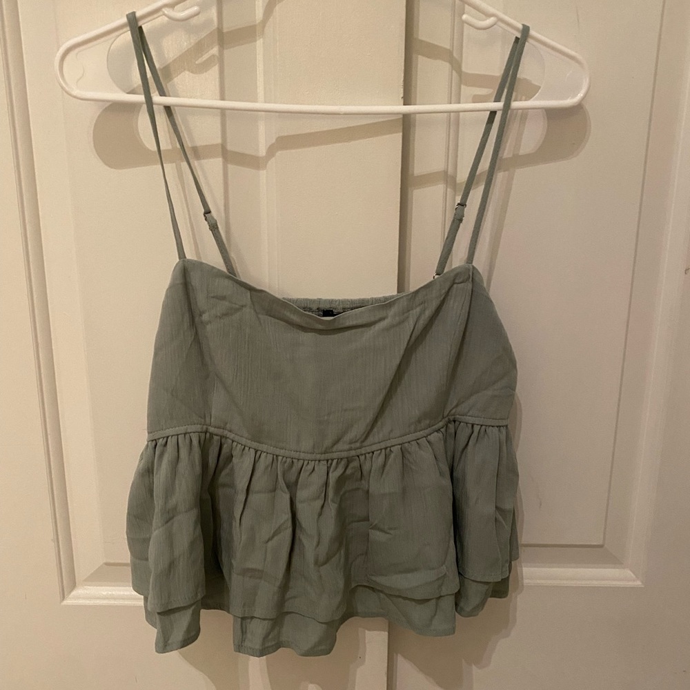 Green Partial Cropped Tank with Tiered Detail
